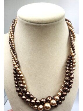 Vintage Multistrand Faux Pearl Necklace With Gold-Tone Lobster Clasp – Brown & C